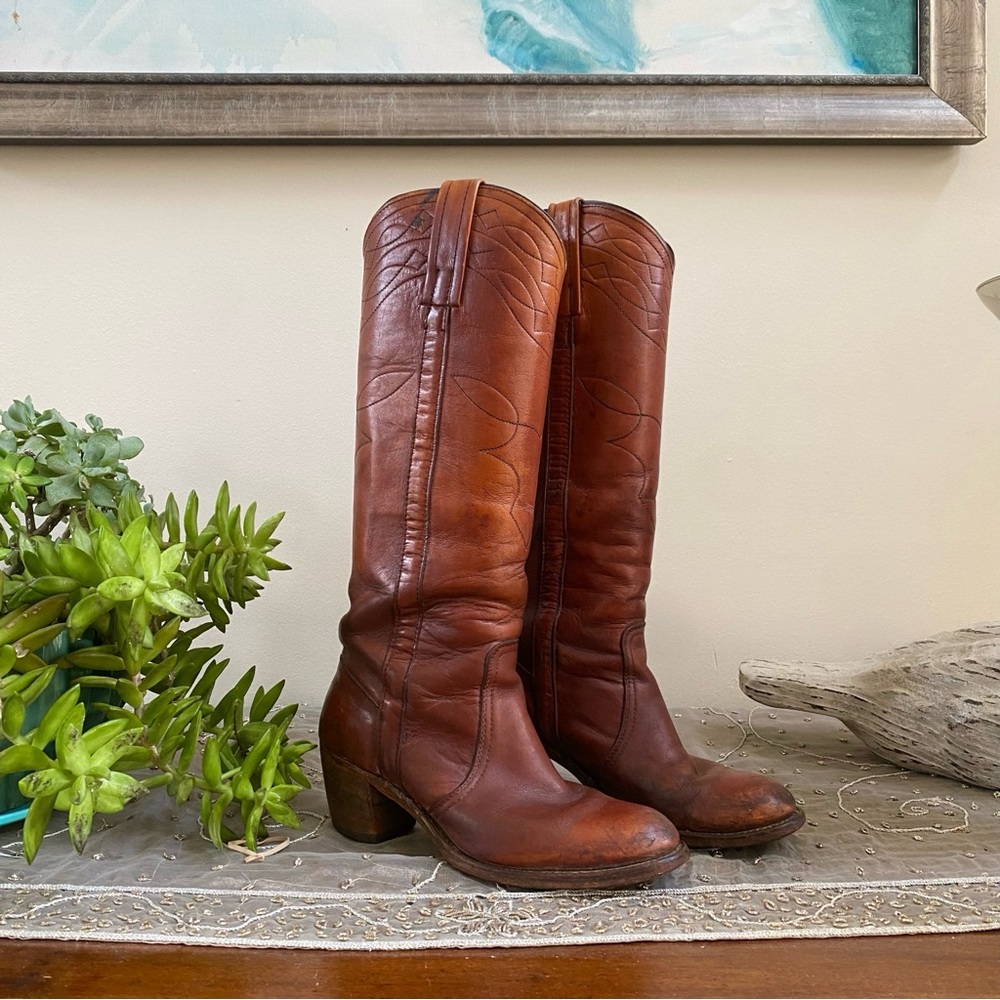 Vintage 1970s Frye Tan Leather Cowboy Boots